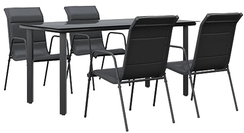 Tidyard 5-TLG. Garten Essgruppe 4 Personen, Sitzgruppe Outdoor, Esstisch mit Glas-Tischplatte & Stühle, Terrassenmöbel Essgruppe, Gartenmöbel Set Stahl und Textilene, Schwarz