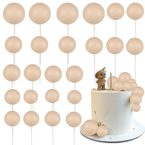 Gyufise 30Pcs Ball Cupcake Toppers Balls Cake Toppes Foam Balls Cupcake Picks DIY Mini Balloon Cake Inset Topper for Baby Shower Birthday Favor Wedding Anniversary Party Supplies Khaki