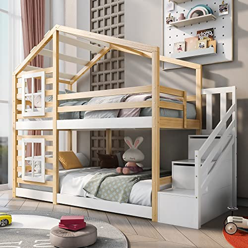 WIZBED Kinderbett Etagenbett 90x200 für 2 Kinder, Hausbett Baumhaus mit Fenster und Schubladen, Holzbett Hochbett mit Rausfallschutz und Lattenrost, Treppe, ohne Matratze, Natur & Weiß