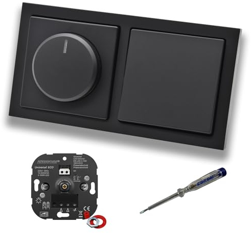 EBROM 1003 Universal ECO LED Drehdimmer Dimmer + Busch Jäger Dimmerscheibe 6540-885-102 und Lichtschalter 2000/6 US in Future Linear Schwarz matt + EBROM Phasenprüfer zur Montage der Geräte