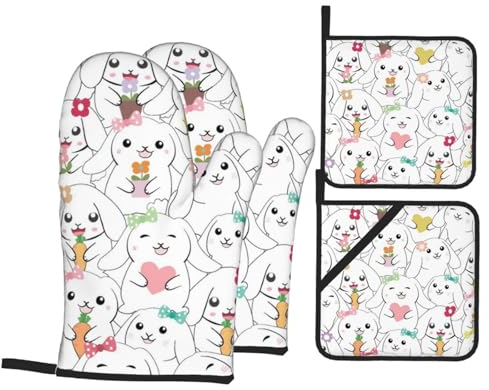Ofenhandschuhe und Topflappen, Cartoon-Tiere, Kaninchen, hitzebeständig, wasserdicht, zum Kochen, Backen, Grillen, 4 Stück