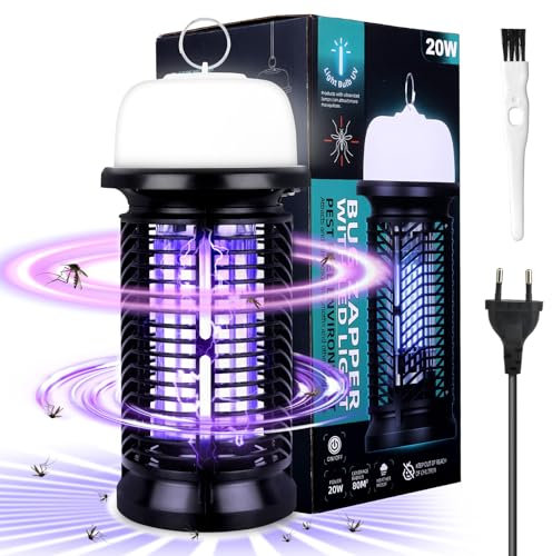 Elektrische Mückenlampe, 20 W, UV 365 nm, Insektenvernichter, elektrisch entladend, 360 °, für den Innen- und Außenbereich, ABS-Edelstahl, hängend oder stehend, ideal für Haus, Camping, Garten
