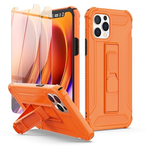 ORETECH for iPhone 12 Pro Max Case, [2 x Tempered Glass Screen Protector] [Built-in Kickstand] [Military Grade Shockproof] 4 in 1 Full Body Protective Silicone Bupmer Hard PC Phone Case Cover - Orange