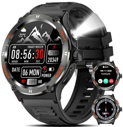 Marsyu Orologio da uomo militare con chiamata Bluetooth & torcia LED/bussola, batteria 500 mAh orologio sportivo esterno 1,53 con 24H Monitor di frequenza cardiaca SpO2 3ATM impermeabile