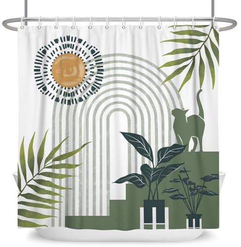 ASDCXZ Boho Duschvorhang 180x180 cm, Modern Abstrakt Katze Grün Palmblätter Sonne Bogen Weiß Waschbar Duschvorhänge Polyester Textil Wasserdicht Anti-Schimmel Duschvorhang für Badewanne mit 12 Haken