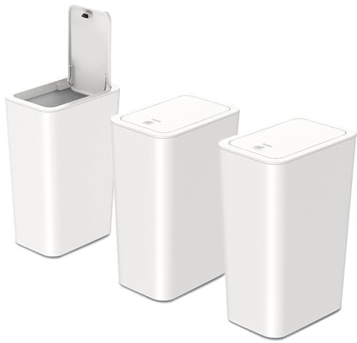3pcs 9L Bathroom Bin,Slim Bin for Bedroom,Dog Proof Bathroom Bin,Trash Can Narrow Bedroom Bin with Lid,Touch Top Toilet Bin,Plastic Thin Bin for Office,Living Room,Kitchen,Toilet (White)