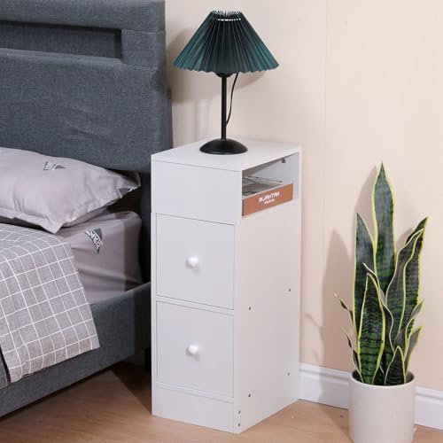 Slim Bedside Table with 2 Drawers & Open Shelf - Compact Wooden Lamp Table for Home Office, Narrow Nightstand for Bedroom & Living Room, White