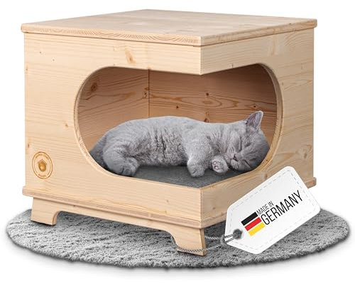Deerke Living Quality Katzenhaus aus Echtholz – Handgefertigte Indoor Katzenhöhle mit Polster, 41x41x37 cm, Made in Germany