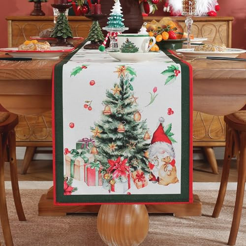 meioro Weihnachten Tischläufer für Home Decor, Schneeflocke Weihnachtsmann Polyester Tischwäsche, Rote Xams Tischdecke, Saisonale Herbst Tischdekoration für Esszimmer Party (Weihnachtsbaum,30x120 cm)