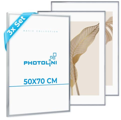 PHOTOLINI Bilderrahmen 50x70 Silber 3er Set, Kunststoff Puzzle Rahmen 50x70 zum Aufhängen, Picture Frame 70x50 mit Acrylglas & extra Zubehör, Fotorahmen für Meisterbrief, Urkunden, Fotos