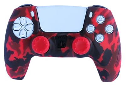 Funda Mando PS5- Impermeable, Resistente y Antideslizante -Diseño Rojo Camuflaje - Protección Segura para Mandos ps5 Duraderos- con Juego de empuñaduras a Juego con la Funda para Mando ps5