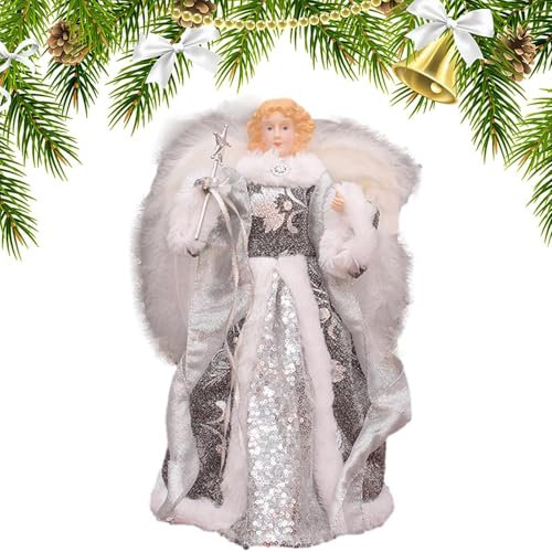 Generisch Weihnachtsengel Baumspitze - Engel auf dem Baum mit weißen Federflügeln, 7,08-Zoll-Engel-Weihnachtsdekorationen, Weihnachtsbaumschmuck für Hauspartys