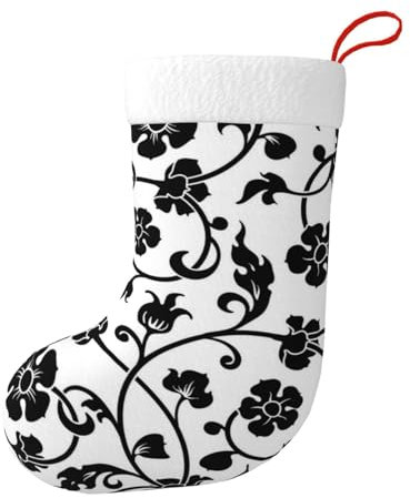 Hceaatb Weihnachtsstrumpf, Schwarz und Weiß, klassische Blumen, personalisierbar, Weihnachtsstrümpfe für Weihnachtsbaum, Urlaub, Kamin, Familiendekoration, Geschenke