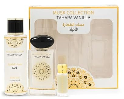 Gulf Orchid Musk Collection Tahara Vanilla 3pcs Gift Set – 60 mL Eau de Parfum, 250 mL Body Mist, 12 mL Concentrated Oil – Elegant Perfume Gift Set for Women & Men