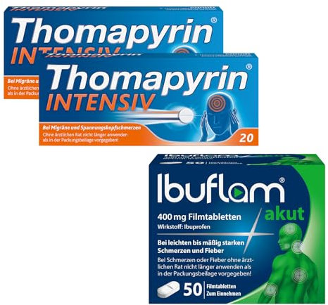Thomapyrin INTENSIV 3-fach Kombination bei Kopfschmerzen und Migräne 2 x 20 Stk + Ibuflam AKUT Ibuprofen-Schmerztabletten 2 x 50 Stk | kombinierter Vorteils-Pack | Schnelle Schmerzlinderung