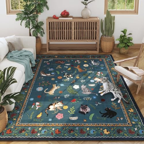 Rugcomf Wohnzimmerteppich 5x7 Teppich maschinenwaschbar Boho Bereich Teppich rutschfest Blumentier Katze Vintage niedrig Flor groß Teppich für Wohnzimmer Schlafzimmer Bauernhaus Esszimmer
