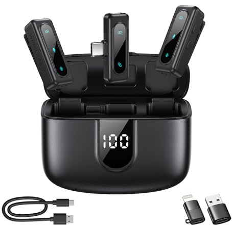 Wireless Lavalier Microphone for iPhone, Android & Laptops, Noise Cancellation, Auto Pairing, 24H Battery Life with Charging Case, USB C Mini Microphone for Vlogs, Interview, Podcasts, Live Streaming