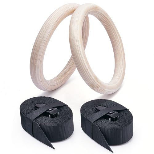 Lnopever Turnringe Holz,Gym Rings,Gymnastik Ringe,Verstellbare Gurte mit Schnellverschluss & Karabiner,Ringe Turnen Outdoor 28mm Für Gym Home Fitness