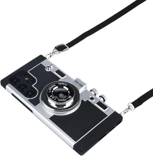 SGVAHY Emily in Paris Phone Case for Samsung Galaxy S25 Ultra Vintage Camera Case Cute 3D Unique Design Cover with Removable Neck Strap Lanyard Silicone Case for Girls Kids Women Black