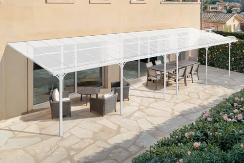 Cazeboo Carport Abri Voiture Toit Terrasse KLEO – 33 m² 11x3 m Aluminium Blanc Polycarbonate Anti-UV – Pergola adossée Robuste Anti-Rouille – Protection Pluie Neige Soleil – 1100 x 300 cm
