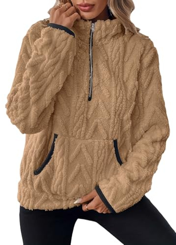 ROFUSSO Damen Fleece Sweatshirt Teddy Fleecepullover Winter Oversize Sweatshirt Warm Plüschjacke mit Taschen(Khaki,M)