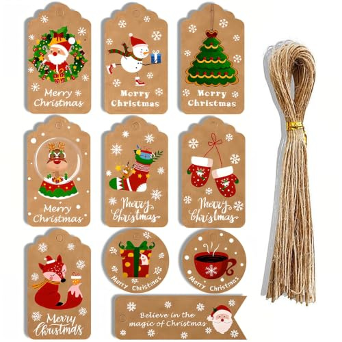50Pcs Christmas Gift Tags with String, Kraft Paper Labels for Presents | 10 Festive Designs, Kraft Paper Material, 50 Jute Strings Included, Gift Wrapping Accessory, Tree Decoration, Party Supplies
