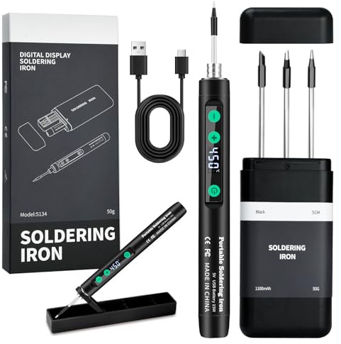 Voktta Wireless Portable Soldering Iron Set with Storage&Stand, USB Soldering Iron with LCD, Adjustable Temperature 180-450°C, 3 Soldering Tips, for Repairing Circuit Board, Welding Repair - Black