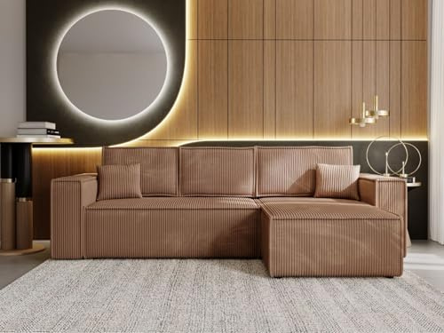 GRAINGOLD Prato XL Ecksofa mit Schlaffunktion & Bettkasten 280x170 cm, L-Form Sofa mit Stauraum, Schlafcouch für Wohnzimmer, Cord Stoff, 4-Sitzer Eckcouch, Modernes Design (Braun)