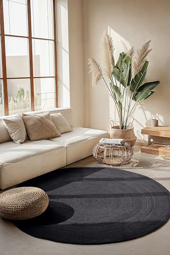 Hanse Home Rangpur Juteteppich - Natur Wohnzimmerteppich Rund aus 100% Jute, Handgewebt - Robust & Pflegeleicht - Moderner, Boho Naturfaser Teppich für Wohnzimmer, Schlafzimmer - Schwarz, Ø200cm