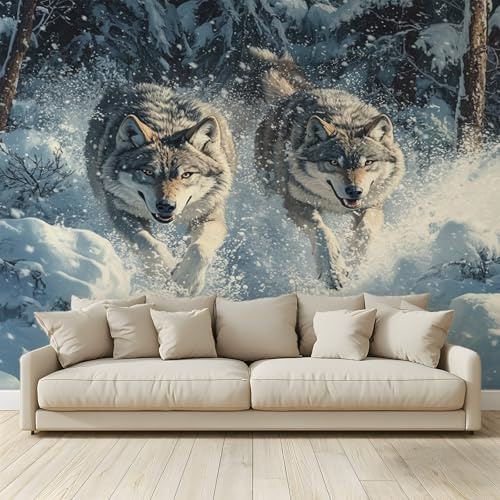 MKBKLI Papier Peint Panoramique Animal forêt hivernale Loup Murale 3D Intissé Fresque Poster Décoration Fond De Mur Tv Salon Chambre 250 (H) x 175 (L) cm