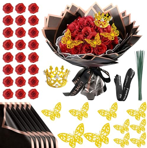 Glitzer-Rosenstrauß, Valentinstag, 24 Stück künstliche Rosensträuße, DIY künstliche Glitzer-Blumensträuße mit Krone für Geschenke, Hochzeit, Jahrestag, Verlobung, Geburtstag, Muttertag (Rot)