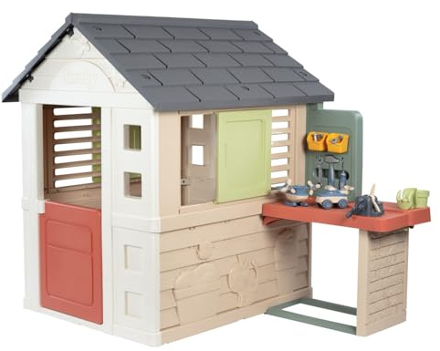 Smoby Life – Naturhaus + Bastelwerkstatt – Zahlreiches Zubehör – Hammer, Schraubenzieher, Bausatz für EIN Fahrzeug u. v. m. – Recycelte Materialien – Ab 2 Jahren