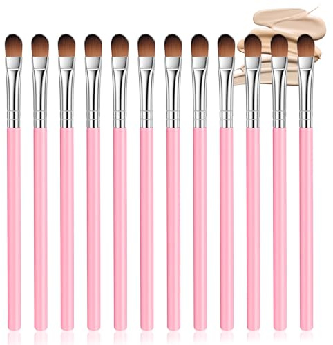 Lot de 12 pinceaux plats anti-cernes pour dissimuler les petites imperfections, estompage, maquillage, base d'apprêt (rose)