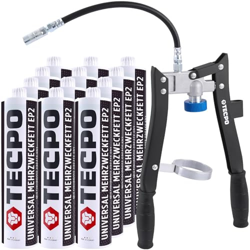 TECPO 12x Universal Mehrzweckfett 500g mit Zweihand Kartuschen Fettpresse mit Gewinde und Panzerschlauch Ausführung Kartuschenpresse Fettpresse