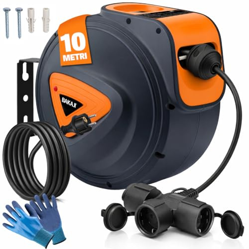 Bakaji Avvolgicavo Elettrico con Cavo Presa Shucko Fissaggio a Parete Muro Sistema blocco automatico, Salvaspazio Avvolgitubo Prolunga Elettrica Professionale e Fai da Te (10 mt 3 Prese)