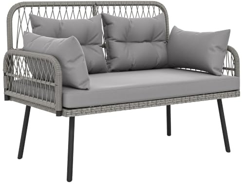 Outsunny Gartensofa mit Kissen und Kopfkissen, 2-Sitzer aus geflochtenem Kunststoff, Outdoor-Sofa mit Armlehnen, Rahmen aus verzinktem Stahl für den Balkon, dunkelgrau