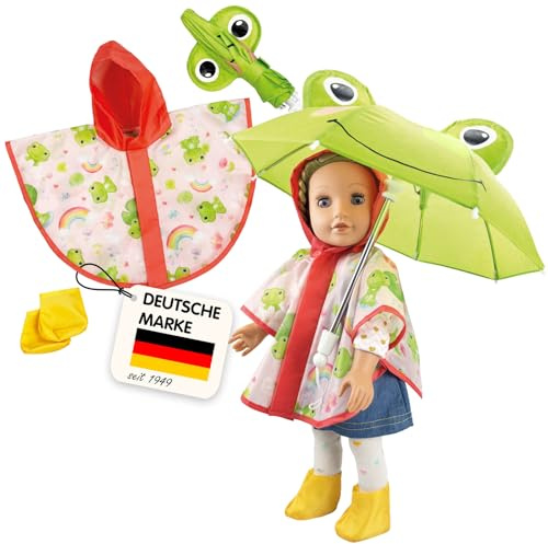 Heless 672 Puppen-Regen-Set Froschi Carlo mit Regenschirm, Regencape und Stiefelchen, für Puppen der Größe 35-45 cm