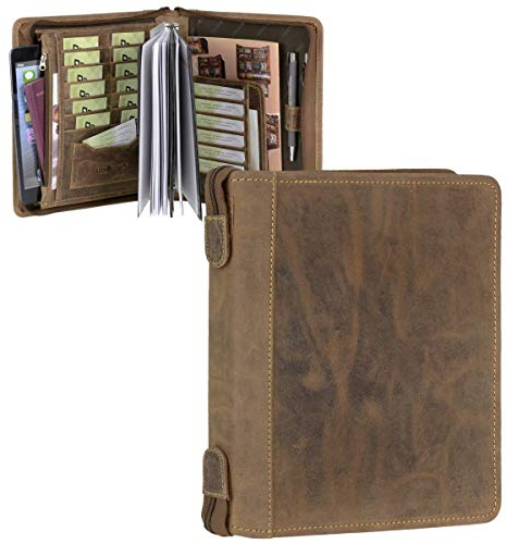 Greenburry Terminplaner A5 (23x26cm) Leder Terminkalender Vintage antik braun mit Reißverschluss inkl Kalender 2025