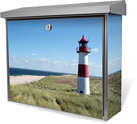 banjado® Burgwächter Briefkasten Edelstahl 38x39x12cm mit Motiv Leuchtturm/Briefkasten Edelstahl ohne Zeitungsfach/Briefkasten grau/Postkasten inkl. Montagematerial & 2 Schlüsseln