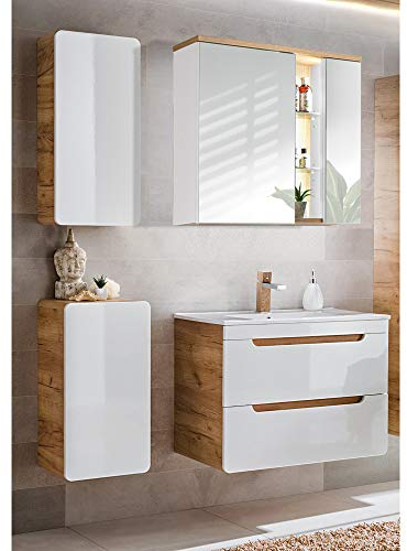 Lomadox Komplett Badmöbel Set in Wotan Eiche Nb. mit weiß Hochglanz, 81 cm Waschtisch mit Softclose und LED-Spiegelschrank
