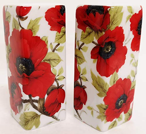 Red Poppy Salt and Pepper Set Ceramic Porcelain Rectangular Square Poppies Cruet Set Hand Decorated in UK