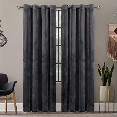 Oxford Homeware Blackout Curtains for Bedroom – Charcoal Velvet Curtains 66x72 - Thermal Insulated Eyelet Curtains for Living Room + 2 Tie Backs (168cm x 183cm)
