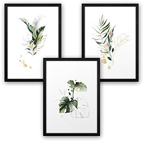 Kreative Feder 3-teiliges Premium Poster-Set Blätter grün - Kunstdruck DIN A4 mit Rahmen (A4, schwarzer Rahmen)