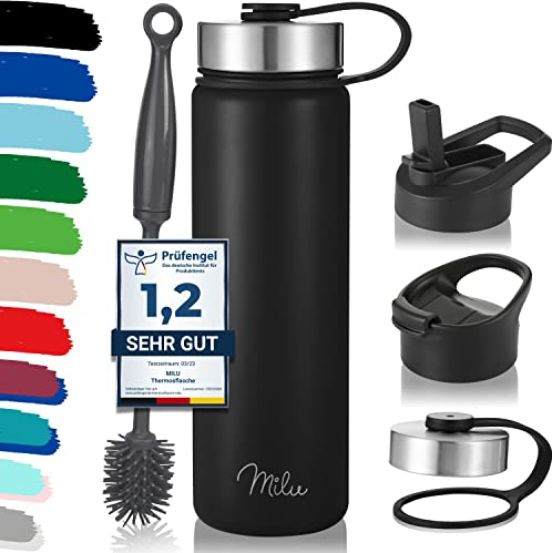 Milu Botella de Agua, 500ml, 750ml, 1000ml (+3 Tapas) - Acero Inoxidable, Libre BPA, Para Bebidas Calientes, Frías y Carbonatadas (Negro, 750ml)