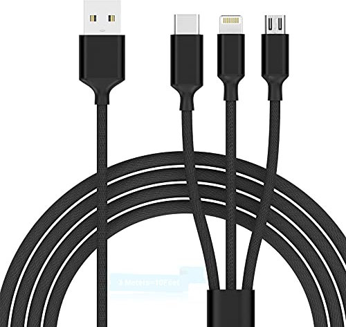 Câble Chargeur Multifonction, Câble USB Multiple 3 En 1 Tressé En Nylon 3M Avec Connecteur iPhone Micro USB Type C Pour iPhone 14 13 12 11 XS 8 7 Plus Android Galaxy S9 S8 S7, Huawei, Xiaomi, LG