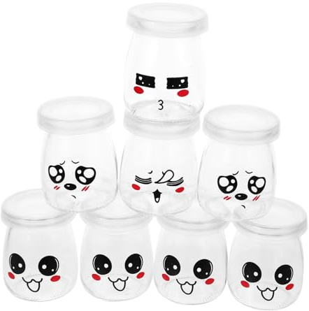 Cabilock Vasos de yogur con tapa, cristal de dibujos animados, vasos de yogur, tarros de mermelada, tarros de postre, recipientes para yogur, pudin, gelatina, mousse, leche, 100 ml, 8 unidades al azar