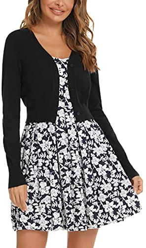 Enjyam Femme Cardigan Pull Court Gilet Boléro Manches Longues en Tricot pour Robe-Noir/S