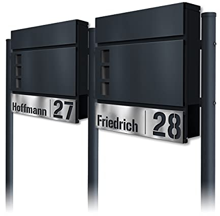 Metzler Standbriefkasten für Mehrfamilienhaus 2er in Anthrazit RAL7016 – Freistehender Doppelbriefkasten für 2 Familienhaus mit Zeitungsfach und Anthrazit Standfüße – Lesergravur – Svena