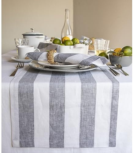 Solino Home Tischläufer 183 cm lang, Cabana-Streifen, 100 % reines Leinen, grau und weiß, Tischläufer 35,6 x 183,9 cm, für Esszimmer, Kommode, Sommer