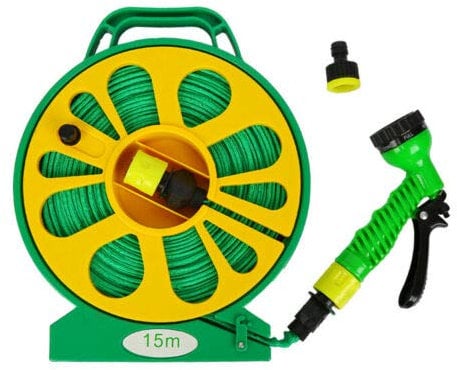 Flat Hose Pipe with Reel Garden Hosepipe On Reel 15m/50ft with Spray Nozzle Gun Adjustable 7 Spray Options Tangle Free Water Hose for Outdoor